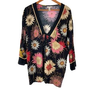 Ku De Ta 100% Rayon Kimono | Duster with Front Tie Black Floral Design Size 1X